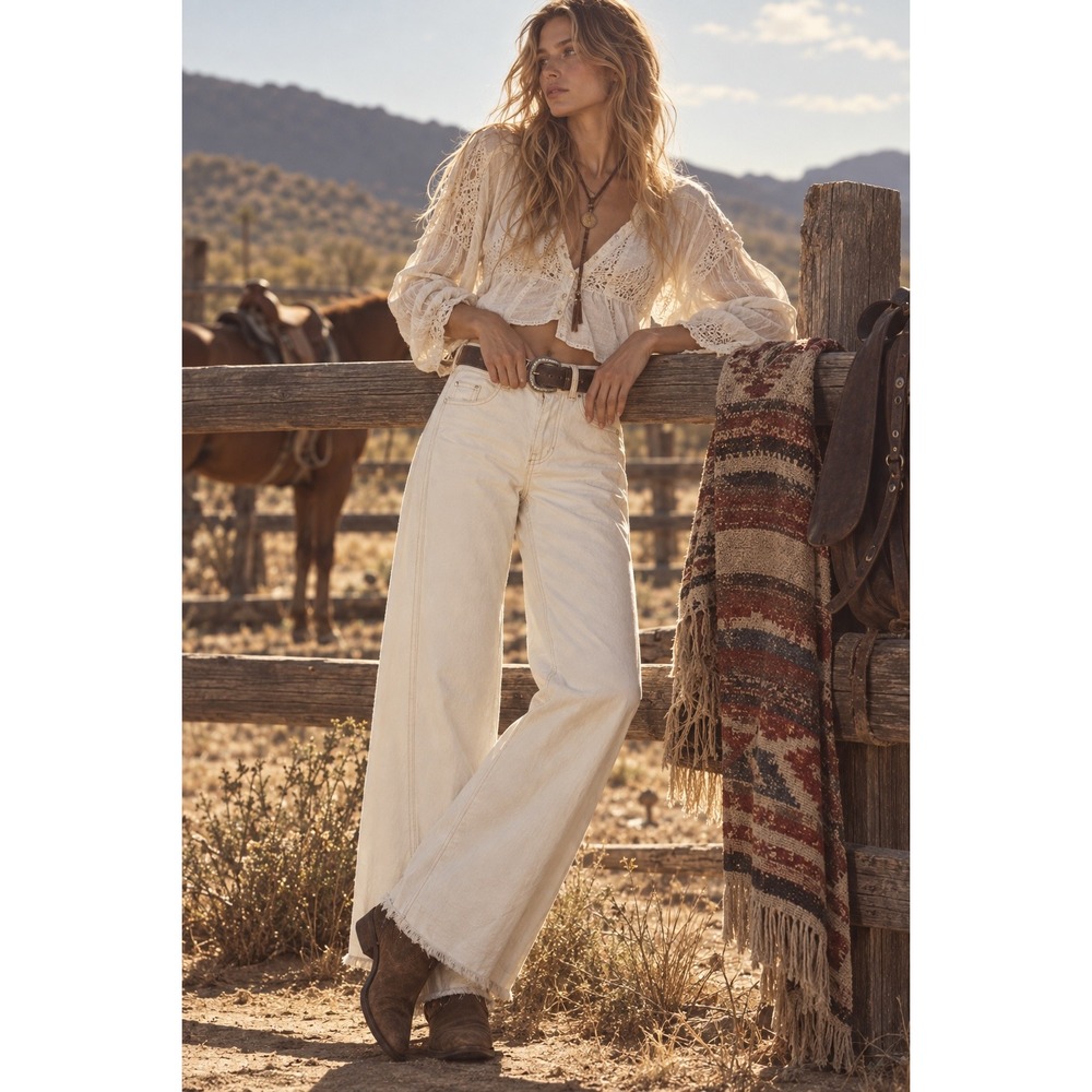 We The Free People Old West Slouchy Wide Leg Jeans Cream Raw Hem OB2171898 26